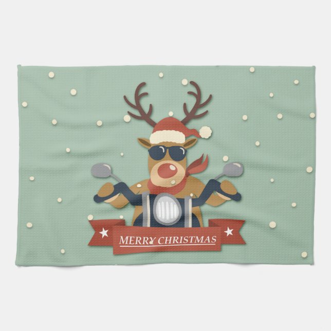 A reindeer sunglasses riding motorcycle tea towel (Horizontal)