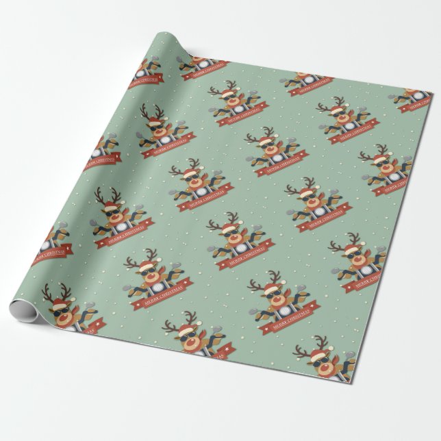 A reindeer sunglasses riding motorcycle wrapping paper (Unrolled)