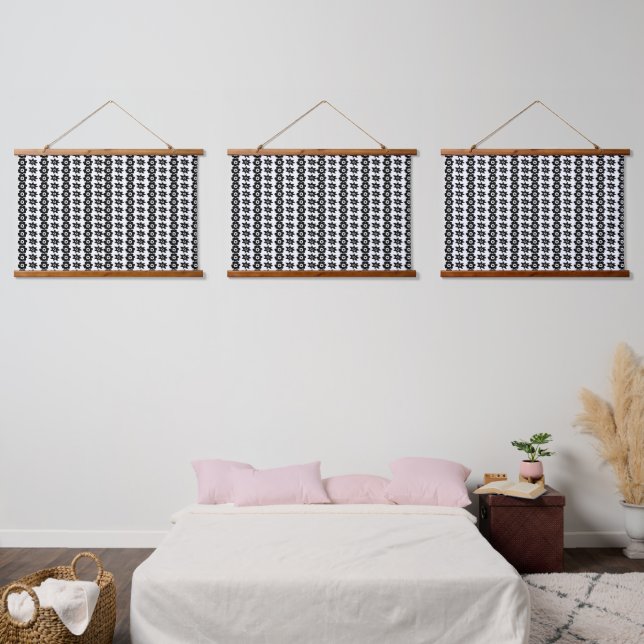 A repeating pattern of interconnected circles and  hanging tapestry (Bedroom)