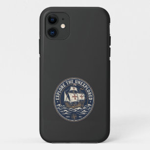 A retro Columbus Day emblem with a caravel ship iPhone 11 Case