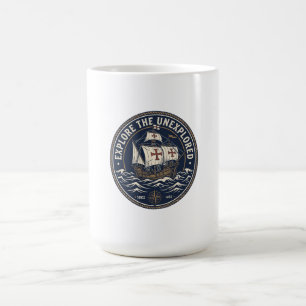 A retro Columbus Day emblem with a caravel ship Coffee Mug