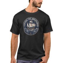 A retro Columbus Day emblem with a caravel ship