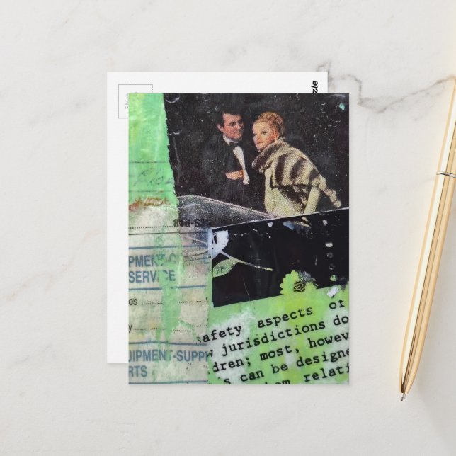 A Retro Couple Collage on Green Postcard (Front/Back In Situ)