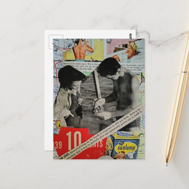 A Retro Day at the Beach Collage Postcard (Front/Back In Situ)