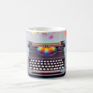 A retro-style typewriter in the center, with color coffee mug