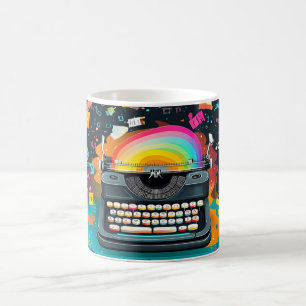 A retro-style typewriter in the center, with color coffee mug