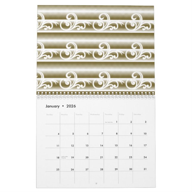 A richly coloured rug features a symmetrical geome calendar (Jan 2026)