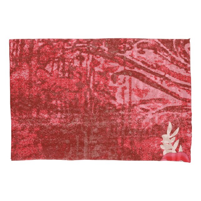 A richly patterned textile featuring vibrant red h pillowcase (Front-Left)