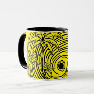 a rising sun in front of the sea, mug