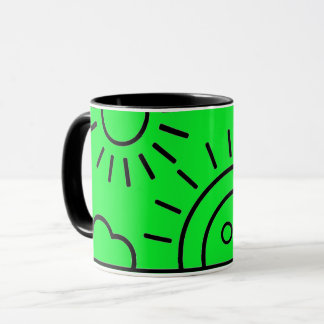a rising sun in front of the sea, mug