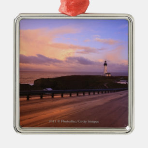 A Road & A Lighthouse Along The Coast At Sunset Metal Tree Decoration
