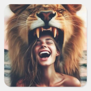 A roaring lion a girl laughing square sticker