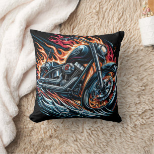 A roaring motorcycle surrounded by fiery flames cushion