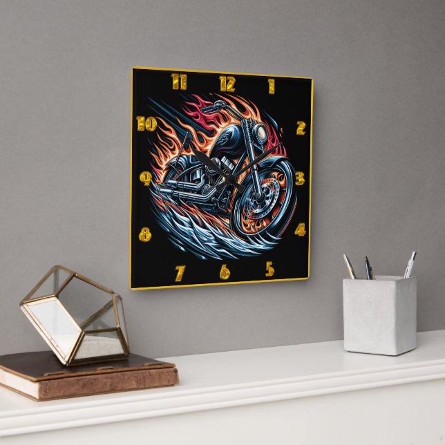 A roaring motorcycle surrounded by fiery flames square wall clock (Office)