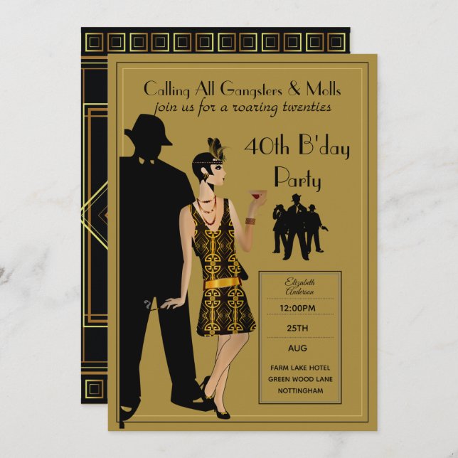 A Roaring Twenties Party, Gangster Flapper Deco Invitation (Front/Back)