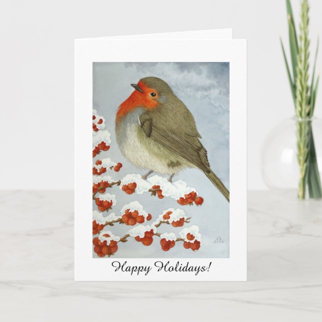 A Robin and berries in the snow (Holidays) Holiday Card (Front)