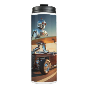 A robot, a surfboad, and a vintage car thermal tumbler