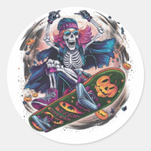 A rock-n-roll skeleton skateboarder dressed for Ha Classic Round Sticker