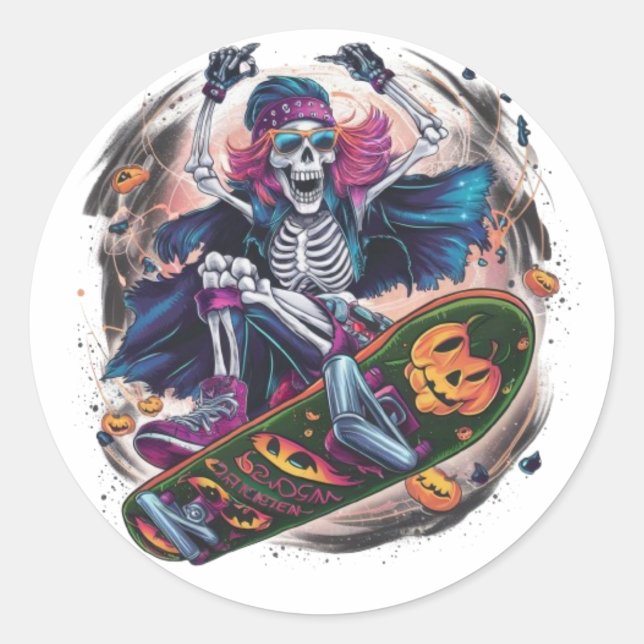 A rock-n-roll skeleton skateboarder dressed for Ha Classic Round Sticker (Front)