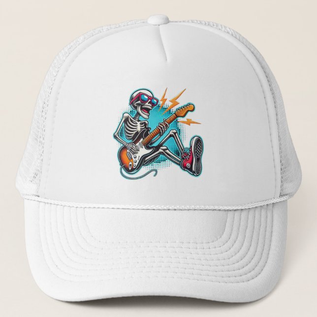 A rock star skeleton trucker hat (Front)