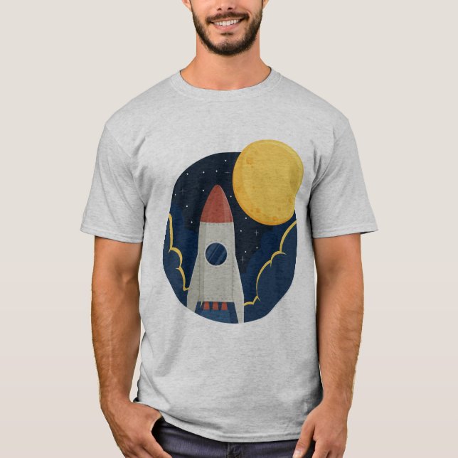 A rocket in the midst of space and the moon T-Shirt (Front)