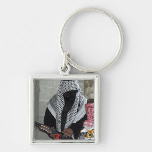 A role-playing enemy aggressor arms a dummy key ring