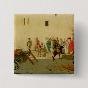 A Roman Street Scene with Musicians and a Performi 15 Cm Square Badge