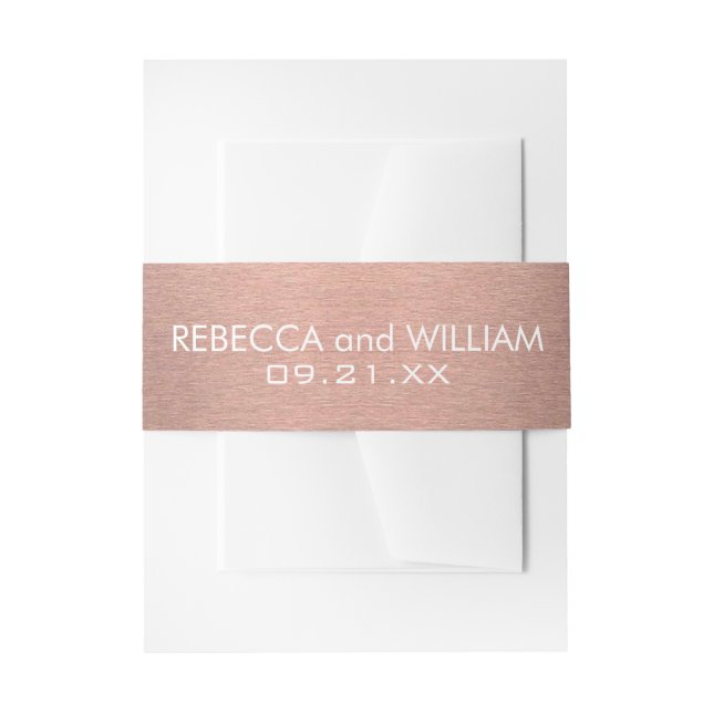A Rose Gold And Copper Pink Colour Modern Wedding Invitation Belly Band (Front Example)