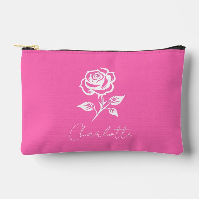 A Rose Modern Elegant Pink Custom Name Accessory Pouch (Front)