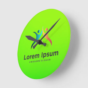 A round, bright green clock face with stylised