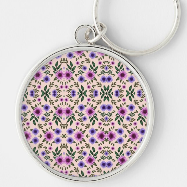 A round keychain features a detailed floral  (Front)
