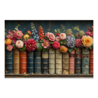 A Row of Books and Flowers Poster