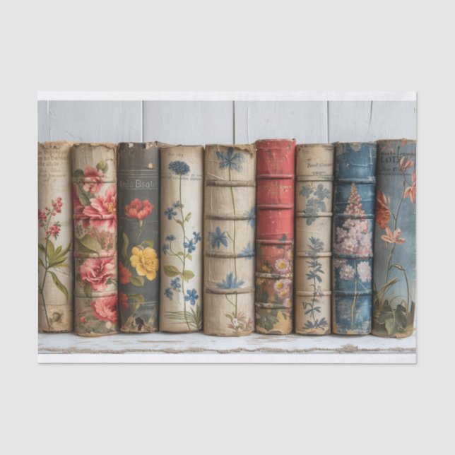 A Row of Books with Painted Flowers Tissue Paper (Front)