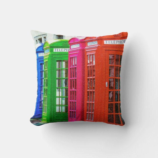 A Row of Brightly Coloured Telephone Boxes Cushion (Front)