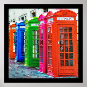 A Row of Brightly Coloured Telephone Boxes Poster