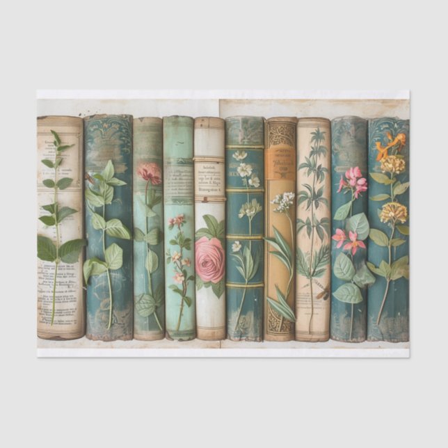 A Row of Old Books with Embellished Flowers Tissue Paper (Front)