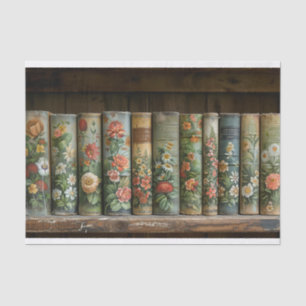 A Row of Old Books with Embellished Flowers Tissue Paper