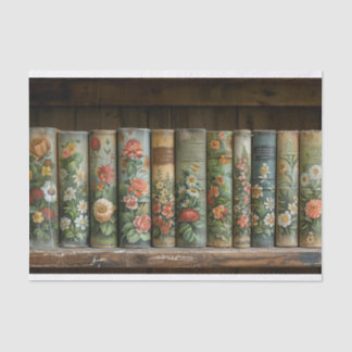 A Row of Old Books with Embellished Flowers Tissue Paper