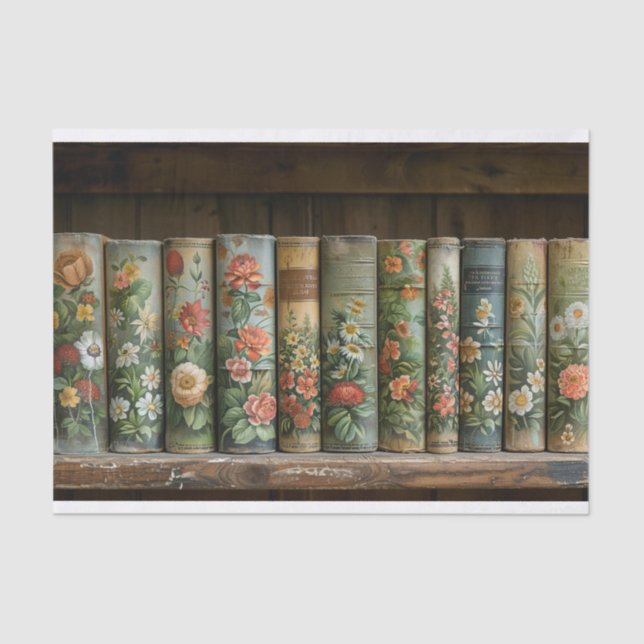 A Row of Old Books with Embellished Flowers Tissue Paper (Front)