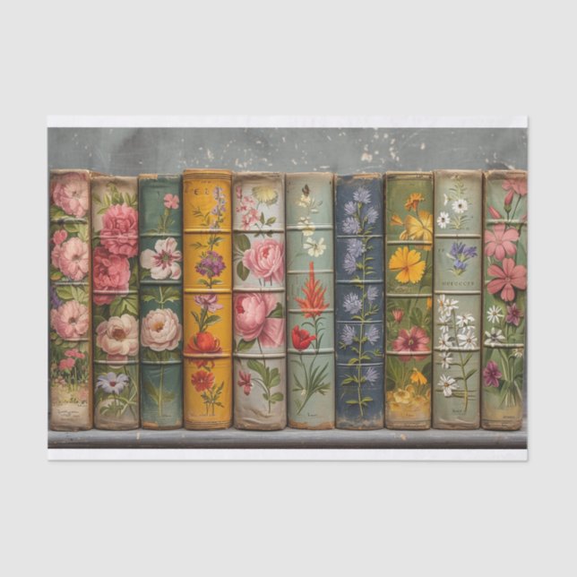 A Row of Old Books with Embellished Flowers Tissue Paper (Front)