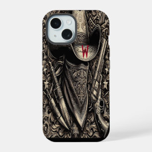 A rugged cowboy in a weathered hat, wielding guns iPhone 15 case
