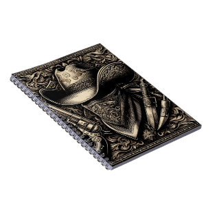 A rugged cowboy in a weathered hat, wielding guns notebook