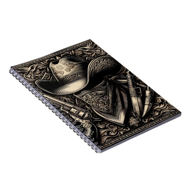 A rugged cowboy in a weathered hat, wielding guns  notebook (Right Side)