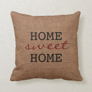 A Rustic Home Sweet Home - Burgundy Faux Burlap Cushion