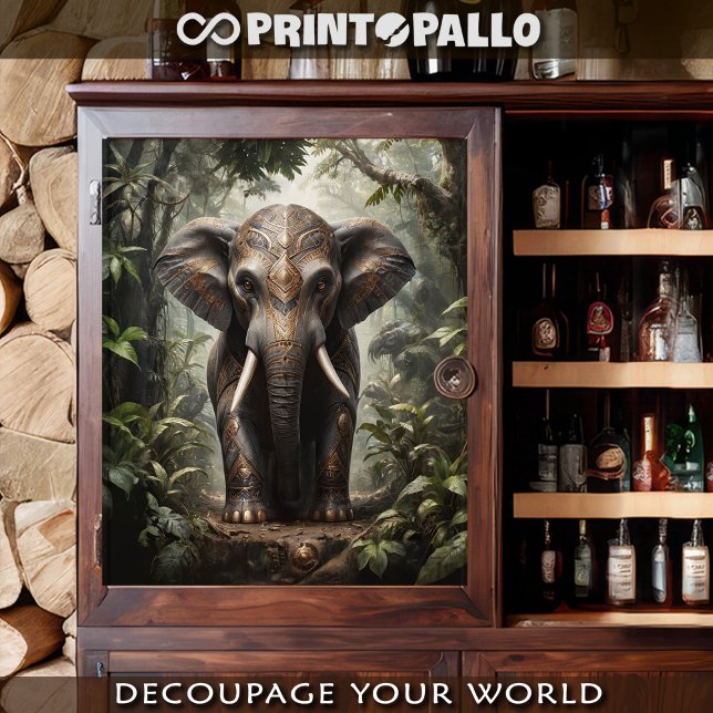 A sacred elephant in golden vestments in jungle - tissue paper (Creator Uploaded)