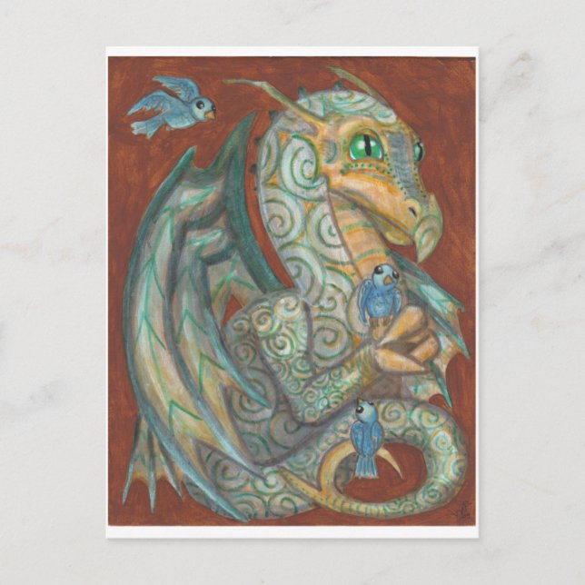 A Safe Perch dragon and bluebird postcard (Front)