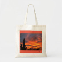 A sahuaro cactus with stunning sunset tote