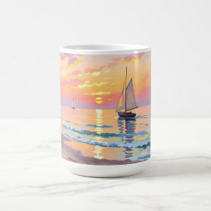 A sailing ship at sunset on the sea coffee mug