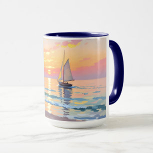 A sailing ship at sunset on the sea mug