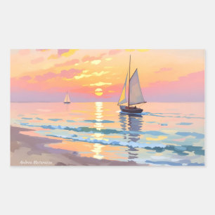 A sailing ship at sunset on the sea rectangular sticker